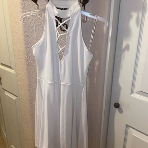 white high neck criss-cross detail dress